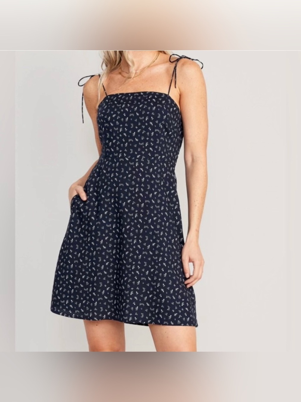 Womens Navy Dainty Floral Fit & Flare Printed Tie-Shoulder Mini Dress Large Boho